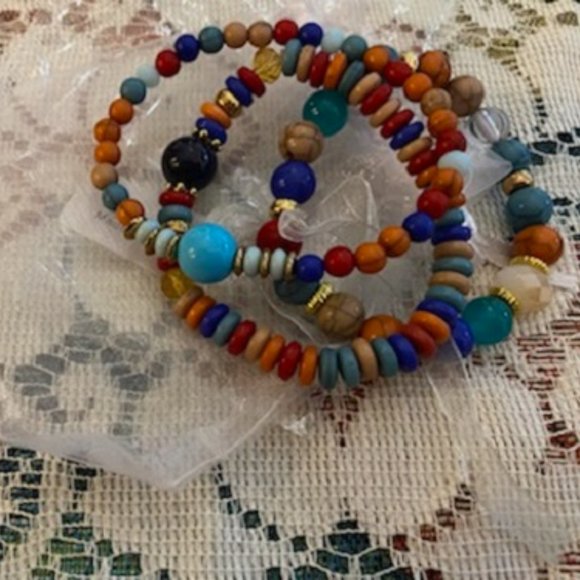 Set of 3 WOOD & GLASS BEAD ~ GOLD Spacers STRETCH BRACELETS * BRIGHT COLORS - Picture 5 of 5